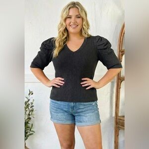 120 PLUS And The Why Black Ribbed 3/4 Puff Sleeve V Neck Blouse